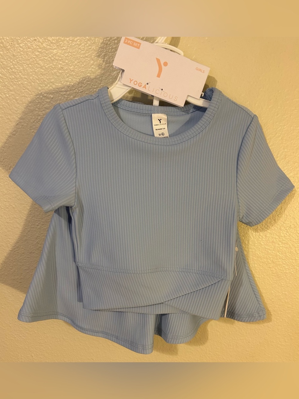 Yogalicious Girls 3 Piece Ribbed Shirt & Skort Set Blue Size 4 w/ Scrunchie